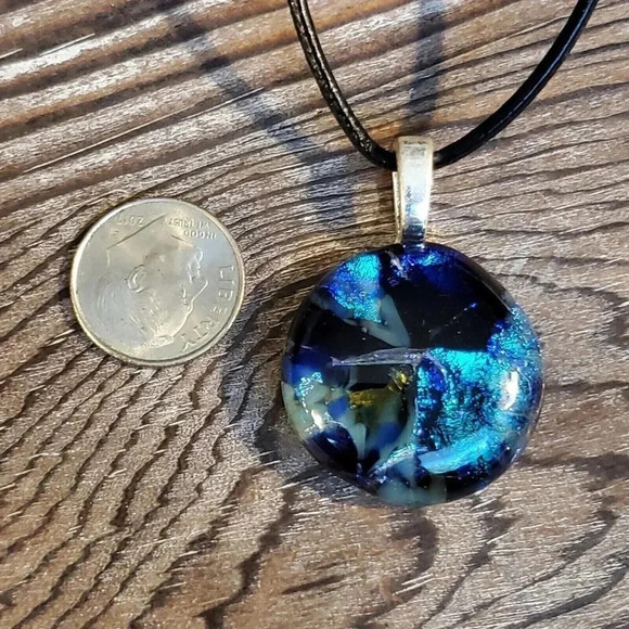 Dichroic Fused Art Glass Round Blue Black Pendant Black Leather Cord Necklace D - Picture 7 of 8